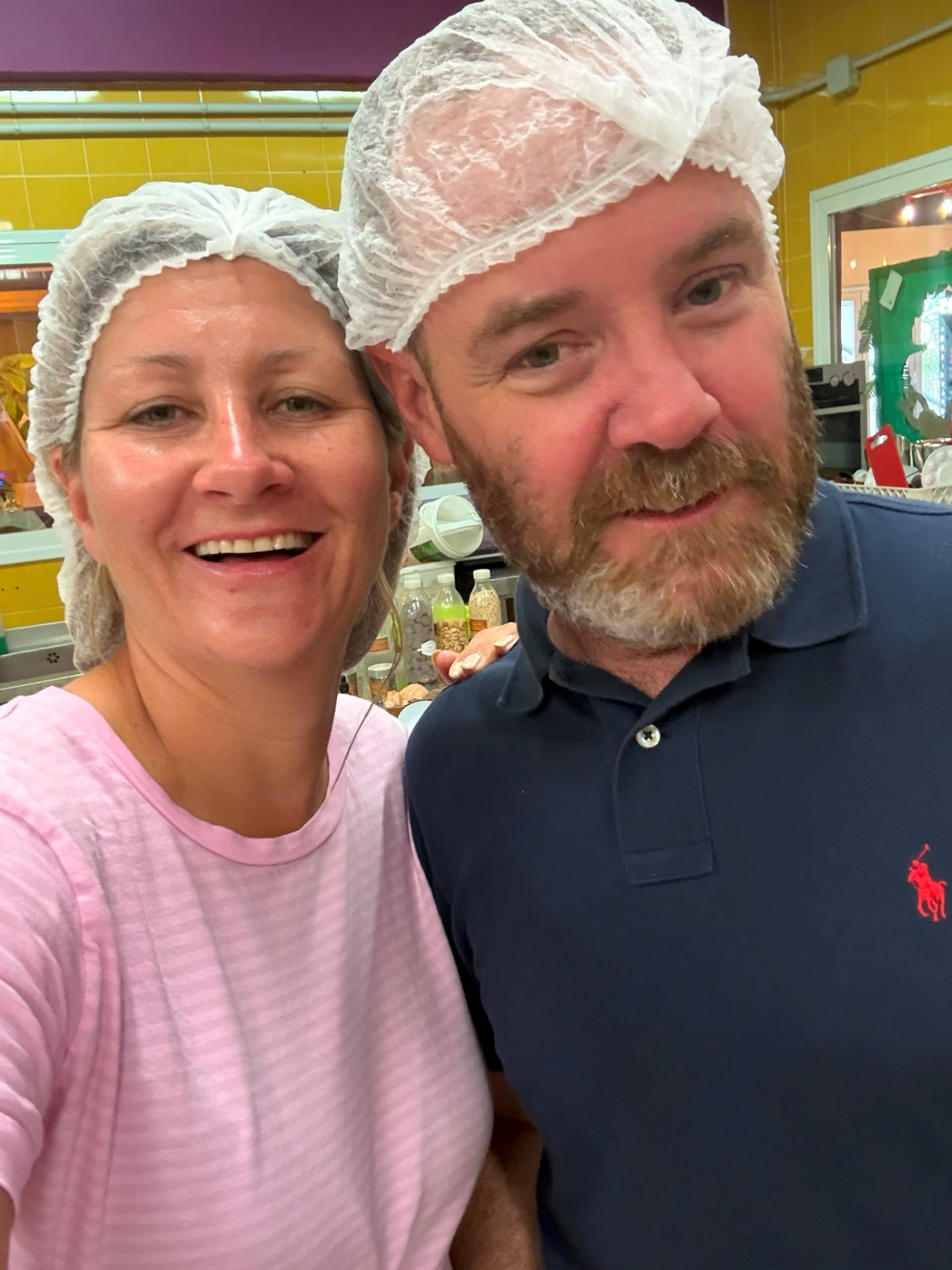 Darren and Lucie in hairnets