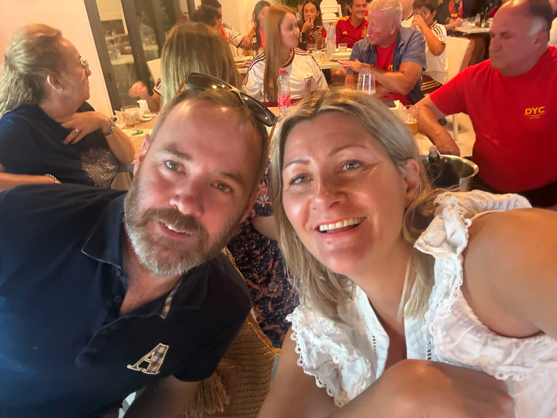 Darren and Lucie at a dinner table